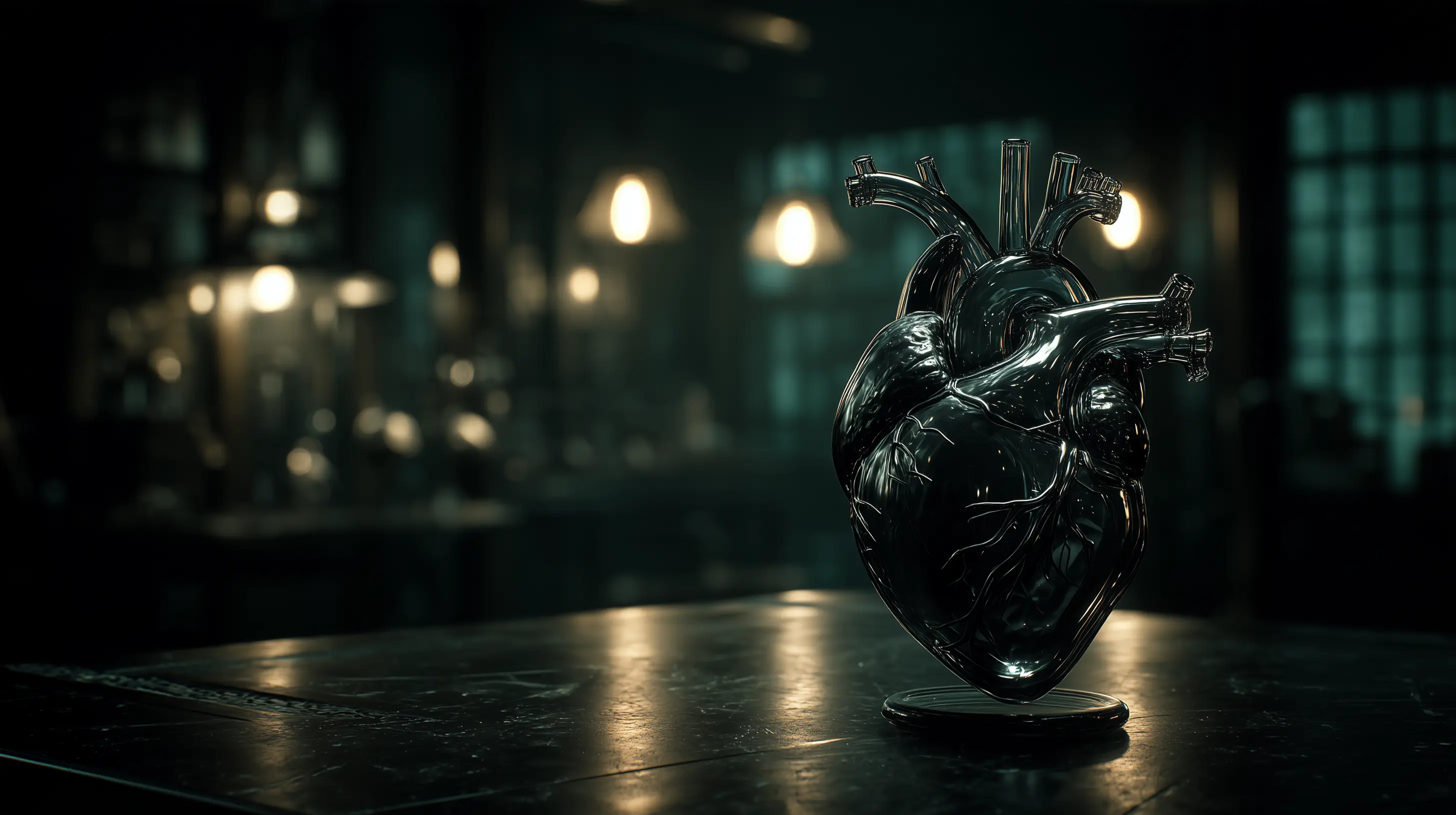 A glowing amber wireframe heart suspended in dark haze above a reflective circuit floor, warm and cyan bokeh behind it.