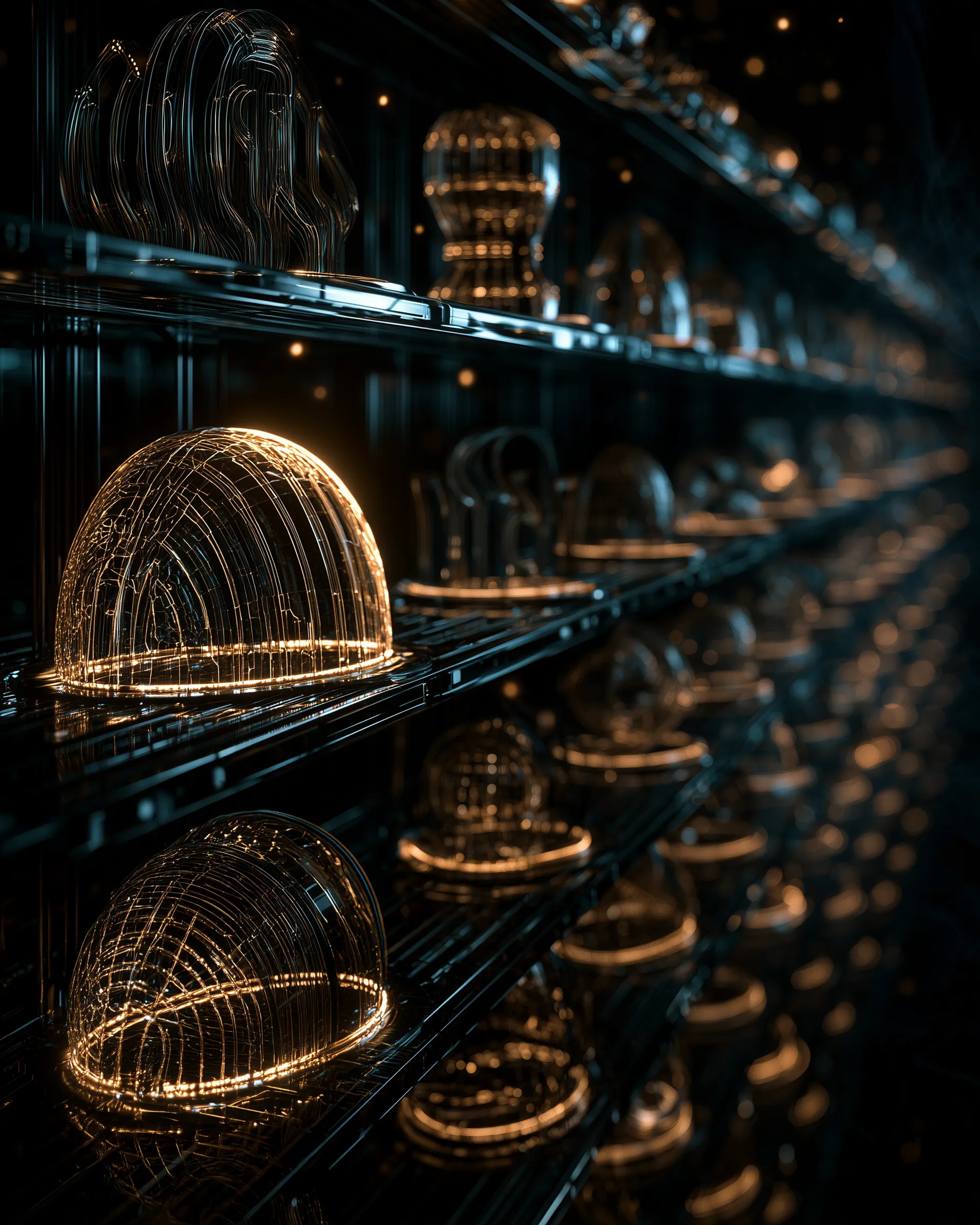 Rows of glowing amber wireframe forms on dark shelves receding into haze, one of them lit brighter than the rest.