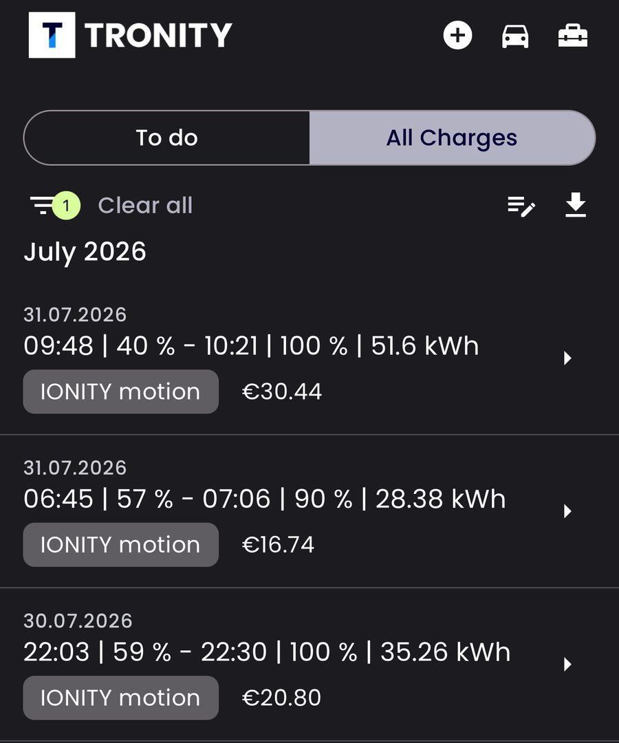 TRONITY charging list for July 2026 showing three sessions of 51.6, 28.38 and 35.26 kWh, each tagged IONITY motion and priced at 30.44, 16.74 and 20.80 euros.